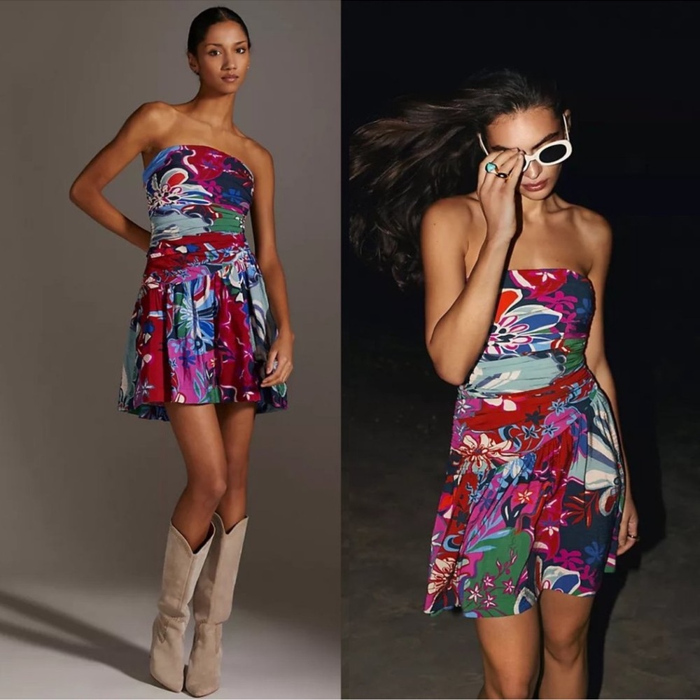 Anthropologie Floral Lace-Up Strapless Mini Dress - Picture 2 of 6